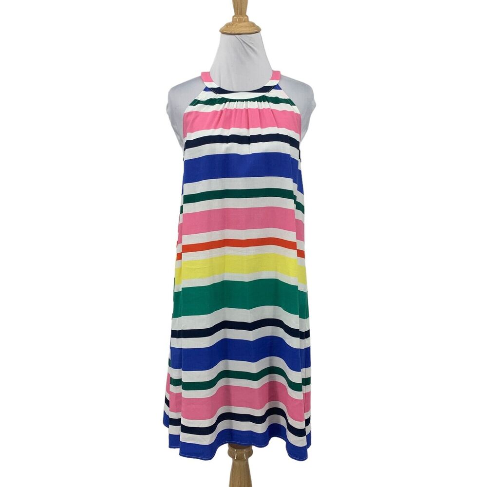 Loft Linen Blend Dress Womens Small Halter Ring Neck Striped Sleeveless Keyhole